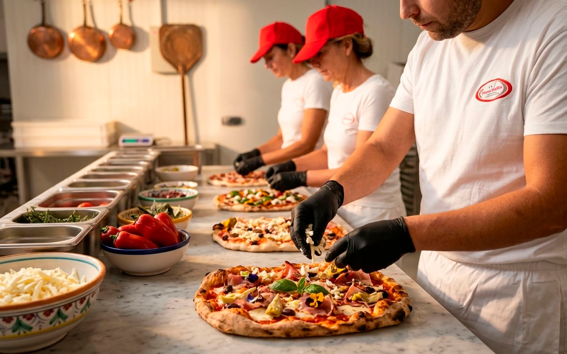 L’équipe de Pinsa Italia garnit des pinsas dans la cuisine italienne