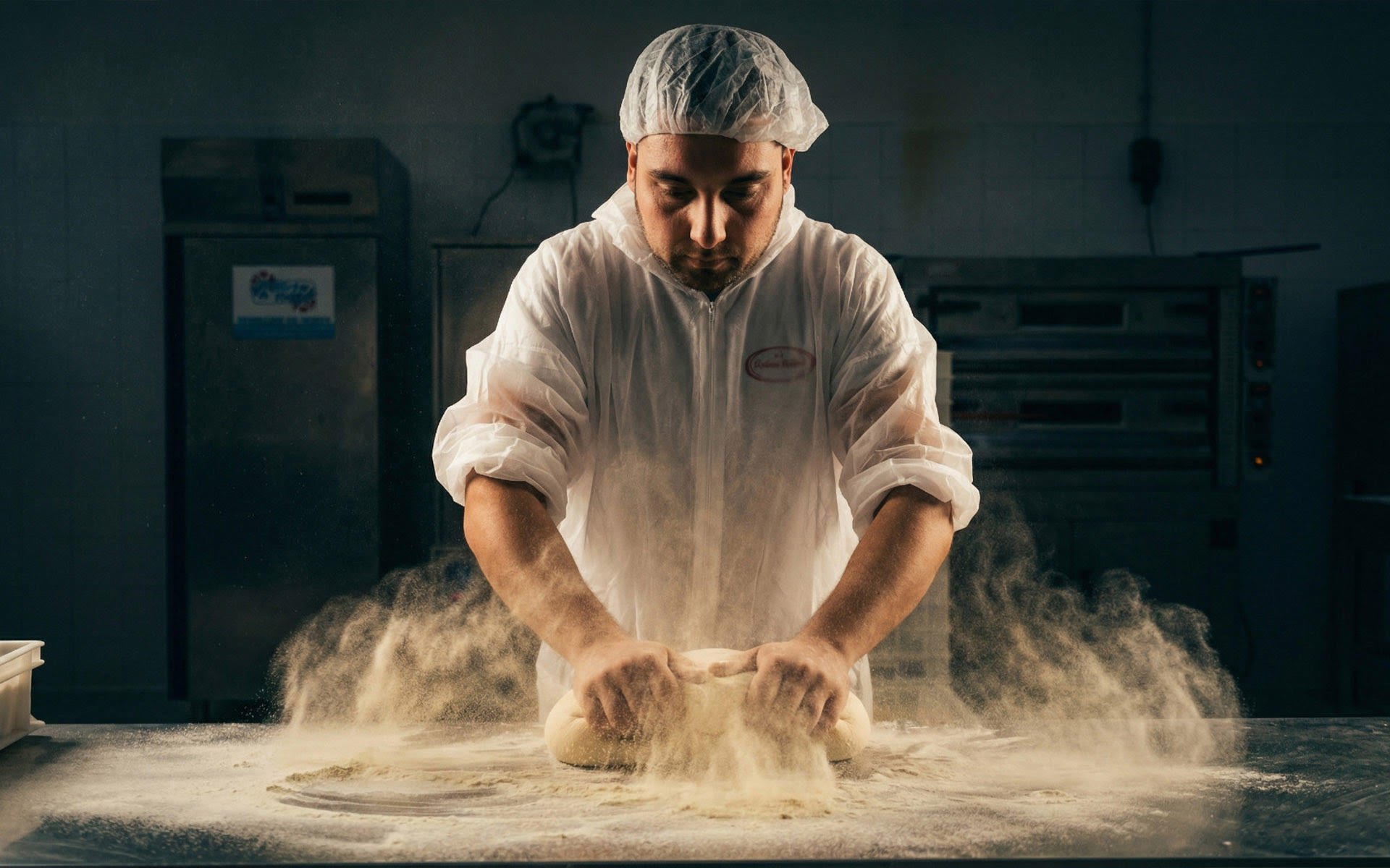 Un boulanger de Pinsa Italia travaille la pâte à pinsa à la main sur un plan de travail fariné