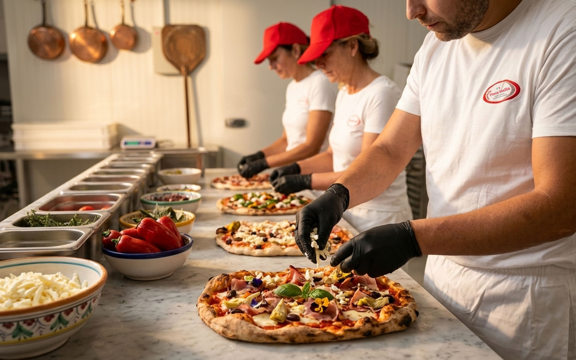 Het team van Pinsa Italia belegt pinsa’s met verse ingrediënten aan de productietafel.